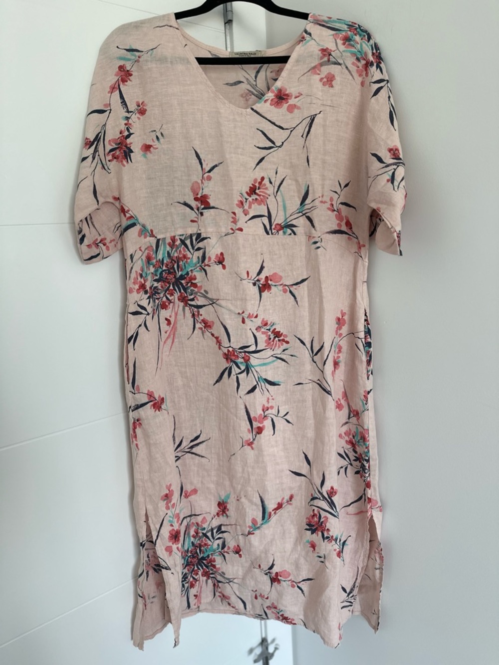 Valentina Naldi 100% Linen Floral Shift Dress Size L Blush Pink Italian Linen